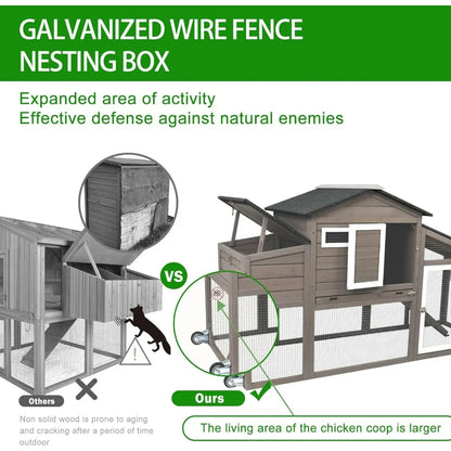 Large Outdoor Chicken Coop with Mobile Nesting Box, Backyard Wooden Poultry House, UV-Resistant Asphalt Roof