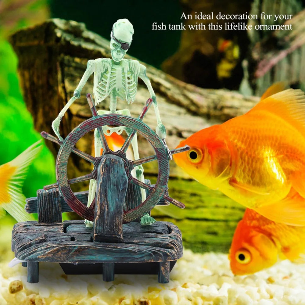 Air-Driven Aquarium Pirate Captain Decoration Undersea Design Landscape Style Skeleton Ornament Pirate Theme Aquatic Ornament