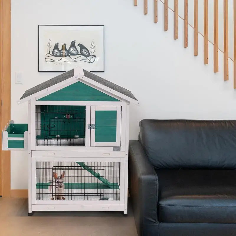 2-Story Rabbit Hutch Indoor Outdoor Bunny Cage with Pull-Out Tray & Waterproof Roof