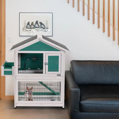 2-Story Rabbit Hutch Indoor Outdoor Bunny Cage with Pull-Out Tray & Waterproof Roof