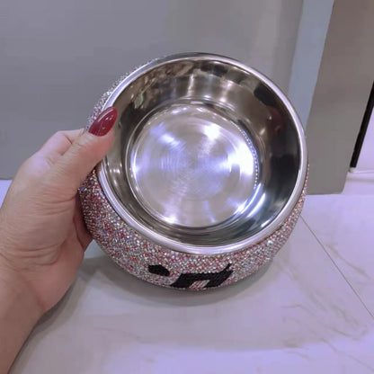 Stainless Steel Dog Bowl Pet Bowls Food Water Feeder Sparkling Rhinestone Pet Supplies Removable Pet Food Bowl