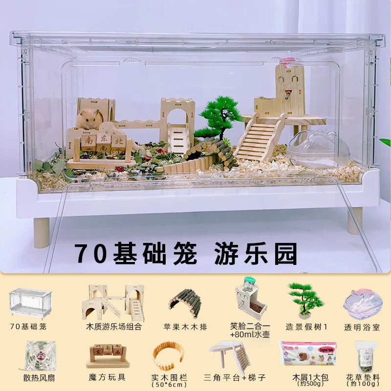 ‌Hamster Cage - Extra Large Acrylic Habitat for Syrian Hamsters, Foldable Transparent Cage with 3 Levels, Spacious Pet Home