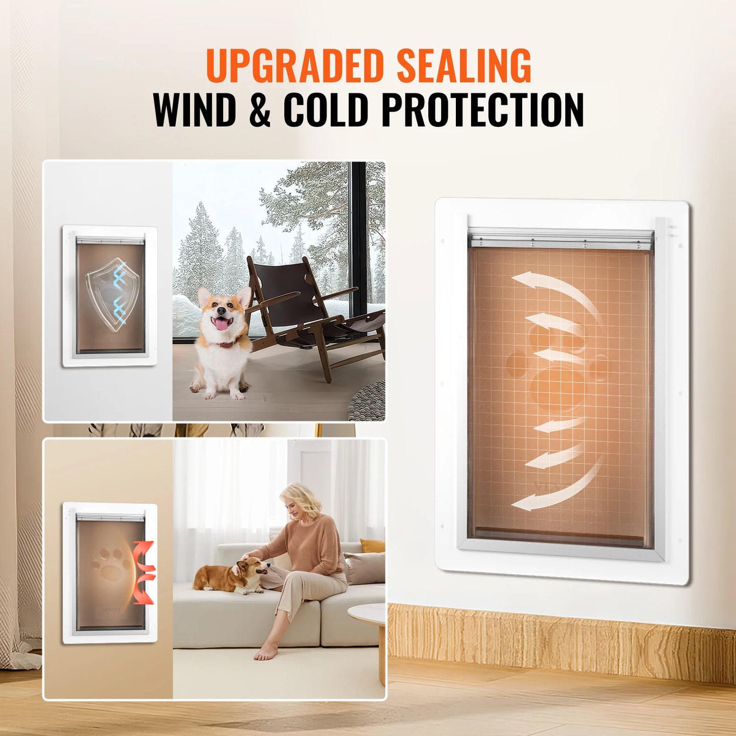 SucceBuy Pet Door Metal Frame with Lock and 3-Flap System Weatherproof Doggy Door Easy to Install in Interior or Exterior Walls