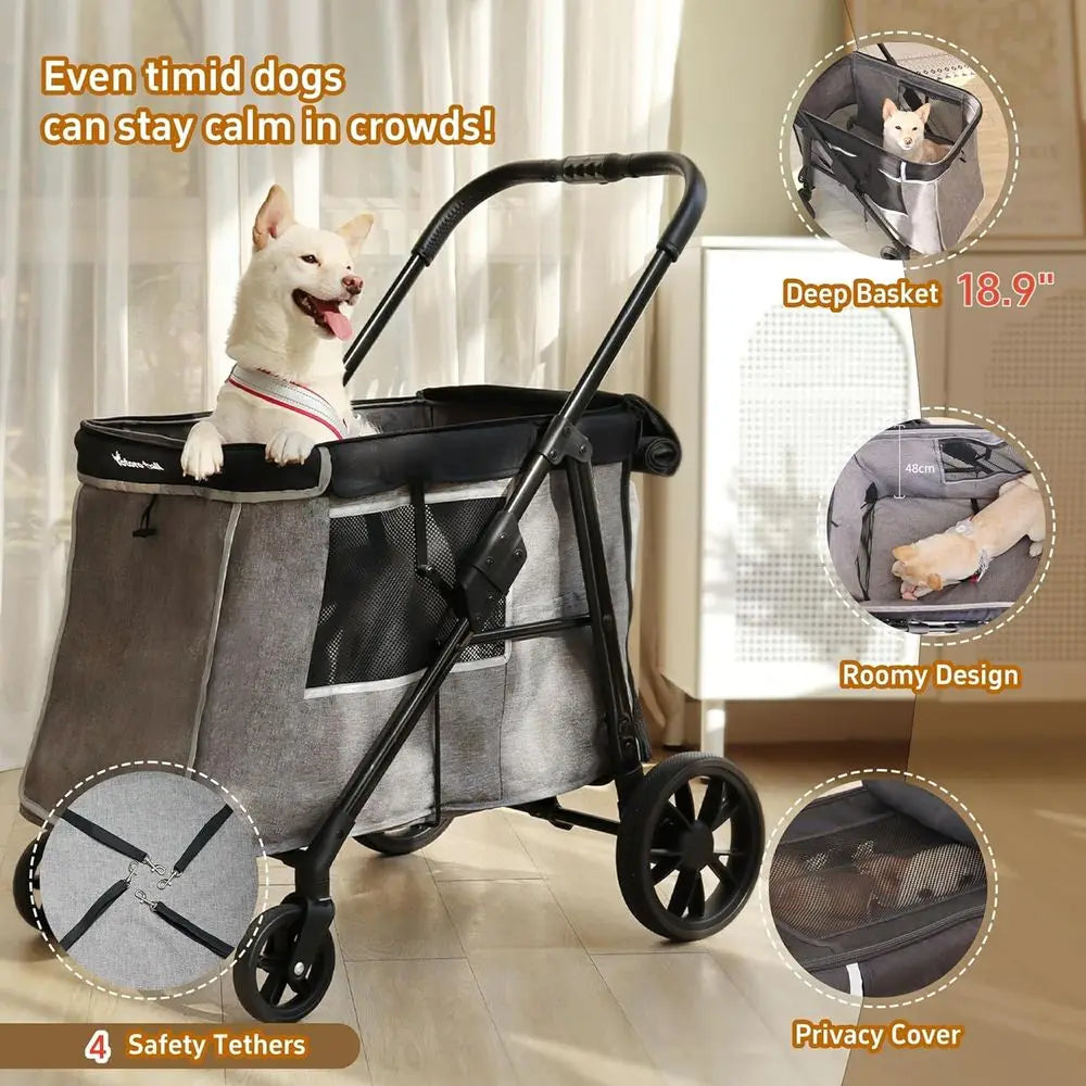 Multi-Pet Medium Dog Stroller, 4-Wheel, Holds 4 Dogs up to 40lbs, Folding, Smooth Tires, Sunshade & Storage (Gray)