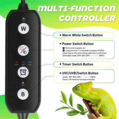 20W Dimmable LED Reptile UVB light 10W AC100-240V 6H/10H/12H Timer Snake Turtle Pet Full Spectrum Basking UV Light Heating Lamps