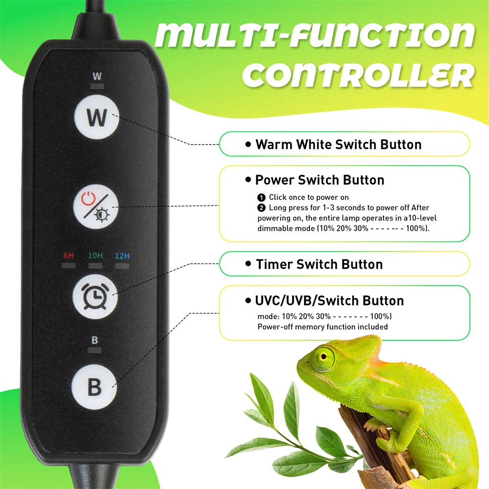 AC100-240V Dimmable LED Reptile UVB light 10W 6H/10H/12H  Timer Snake Turtle Pet Full Spectrum Basking UV Light Heating Lamp 20W