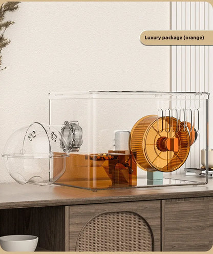 Acrylic Hamster Cage Transparent Habitat with Silent Running Wheel Large Space Enclosure for Hamster Easy-Clean Animal Home