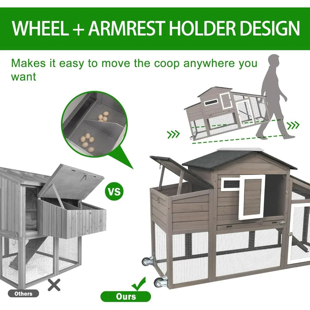 Large Outdoor Chicken Coop with Mobile Nesting Box, Backyard Wooden Poultry House, UV-Resistant Asphalt Roof