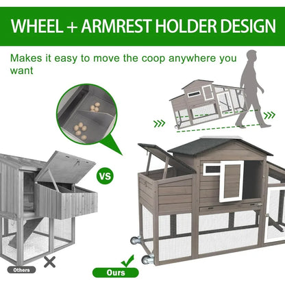 Large Outdoor Chicken Coop with Mobile Nesting Box, Backyard Wooden Poultry House, UV-Resistant Asphalt Roof