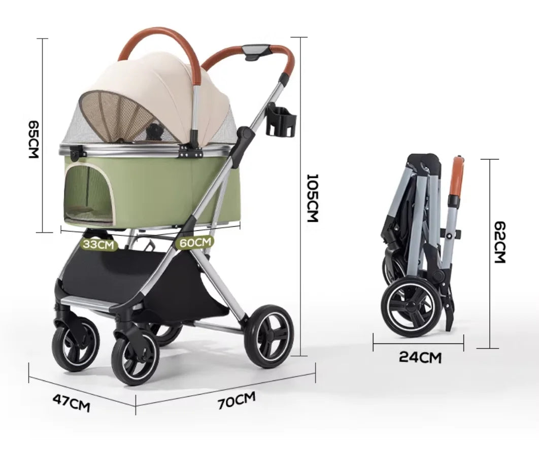 360° High Wheels Transport Foldable Cat Pet Stroller Foldable Cat Stroller Detachble Pet Stroller Portable Pet Storage Bag