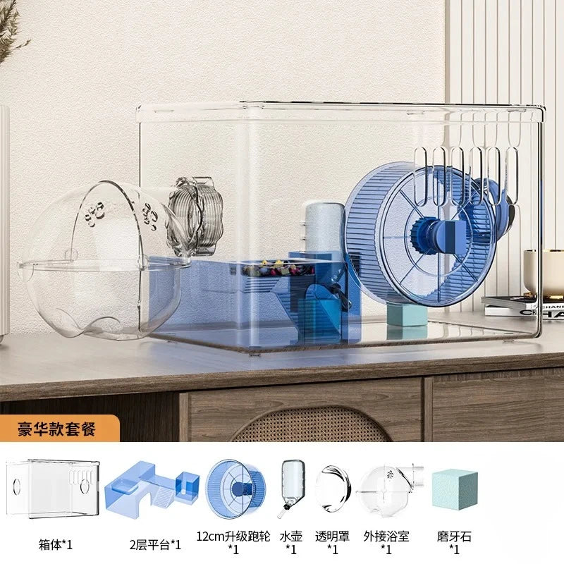 Acrylic Hamster Cage Transparent Habitat with Silent Running Wheel Large Space Enclosure for Hamster Easy-Clean Animal Home