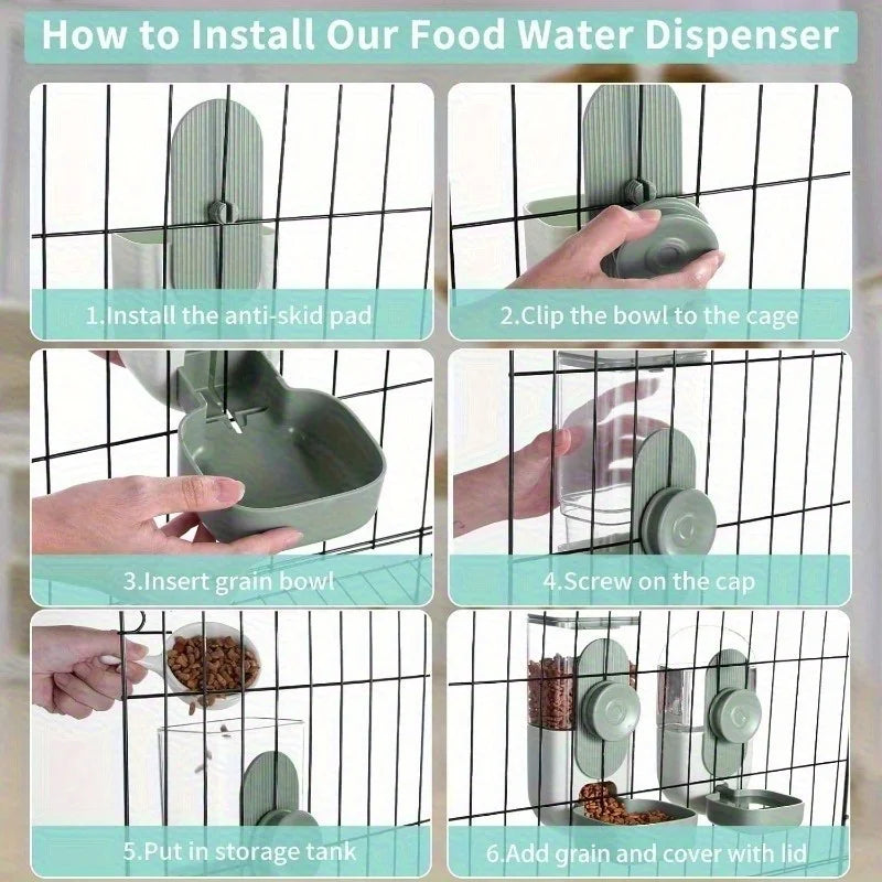 Cage-type automatic hanging pet cat feeder and waterer, gravity-fed automatic feeding and drinking bowl set, suitable for rabbit