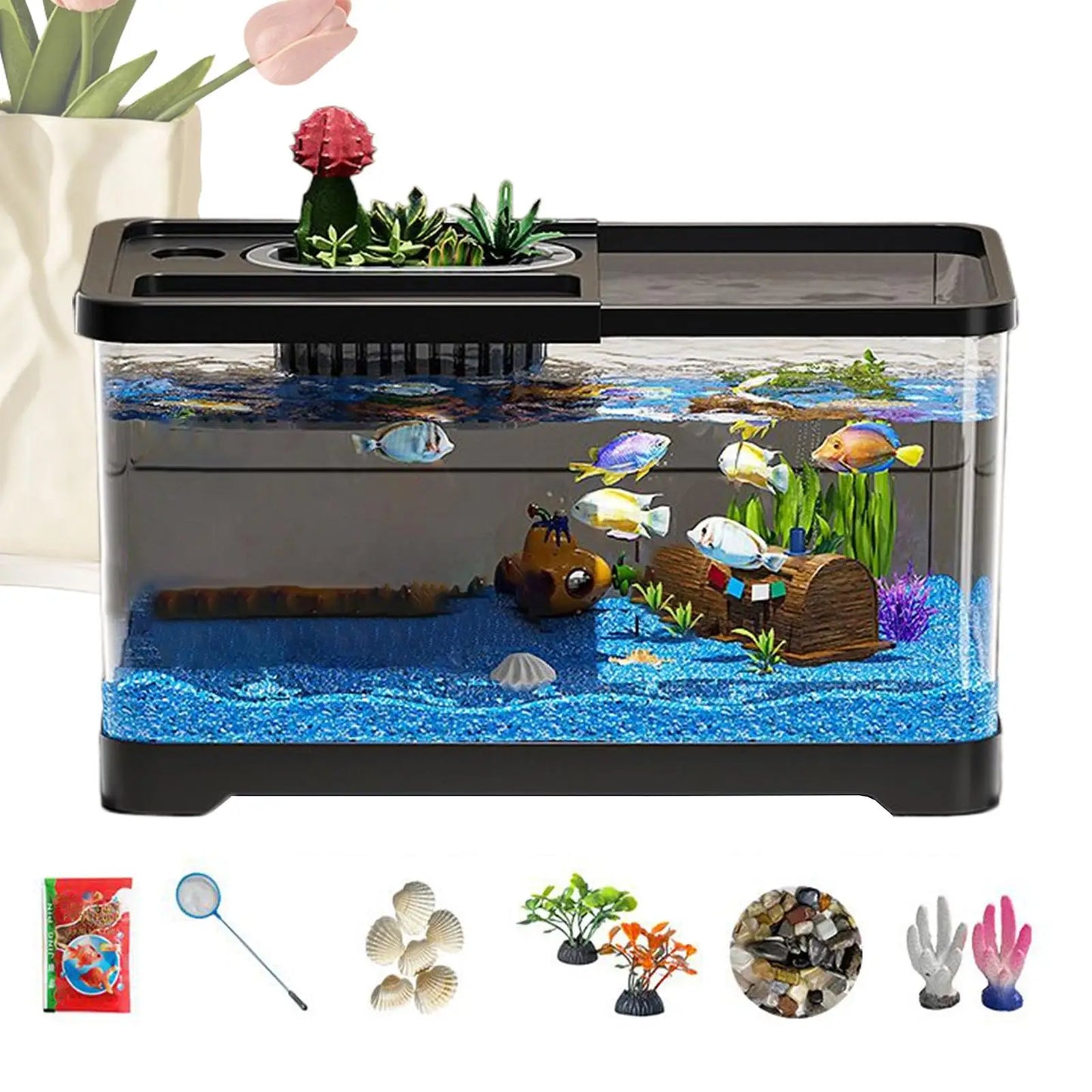 Aquarium Starter Kit LED Fish Tank Kit With Decoration Accessories Dust-proof Underwater Landscape Decoration for Desktop Living