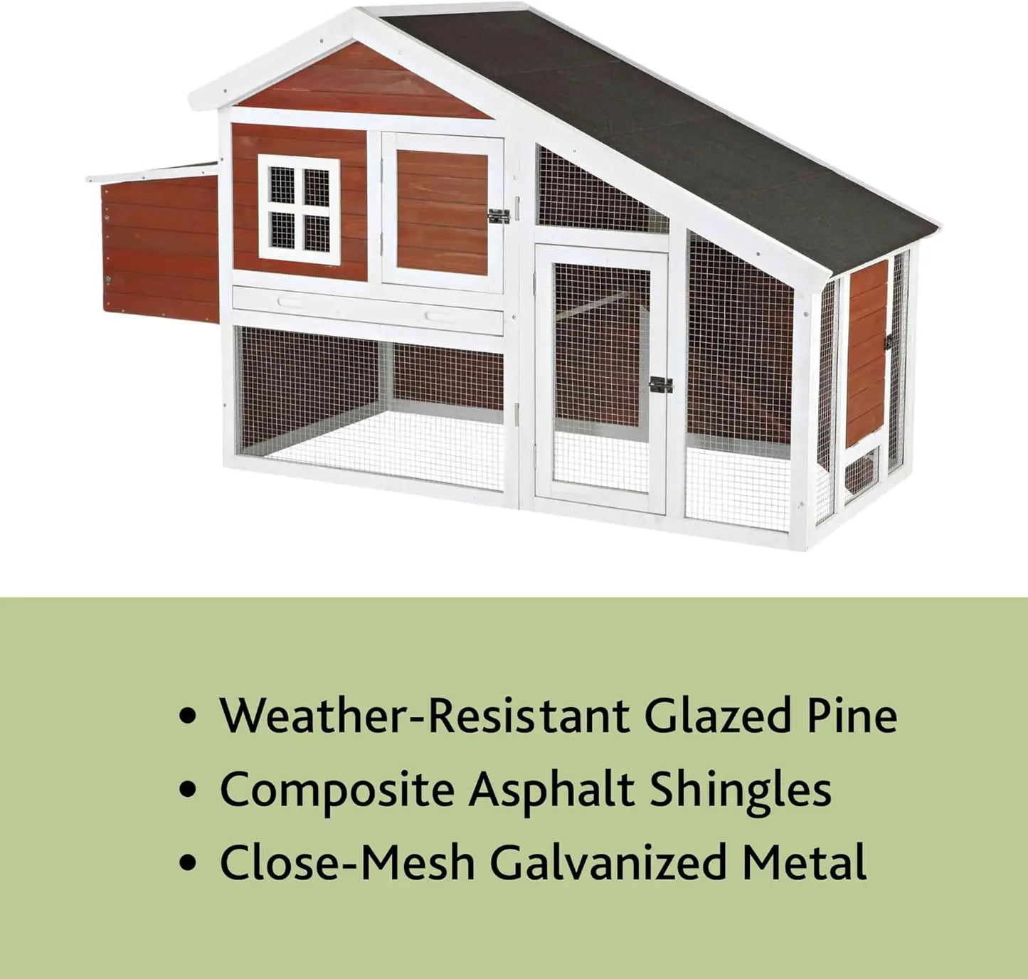 natura chicken coop with outdoor run – outdoor hen house with two nesting boxes – easy to clean chicken pen, pull-out plastic t