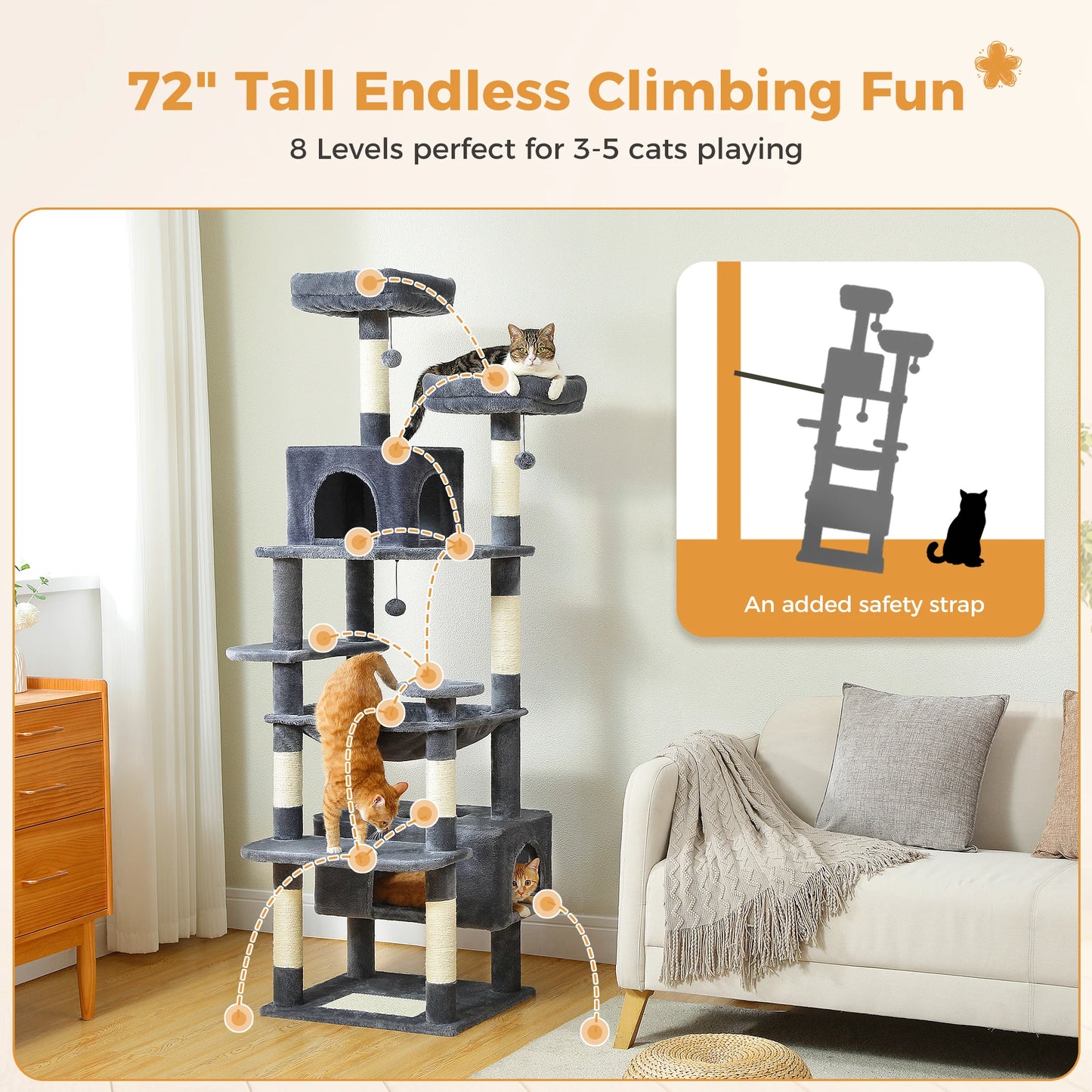 Multi-Level Cat Tree Tower with Scratching Posts&Board, Hammock, Cat Condo, Spacious Top Perch,Dangling Balls for Indoor Cats