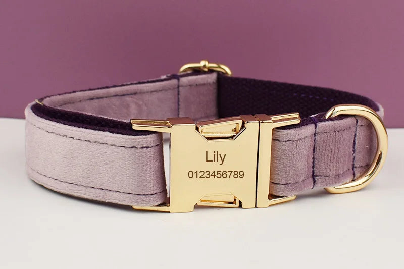 Deep Purple Velvet Powder Velvet Dog Collar And Leash Set For Custom Engraved Nameplate Pet Supplies Dog Leash Velvet 06