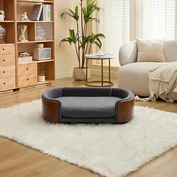 Large Velvet Scandinavian Style Elevated Dog Sofa Bed with Solid Wood Legs and Walnut Bent Wood Back, Perfect for Your Pet's Com