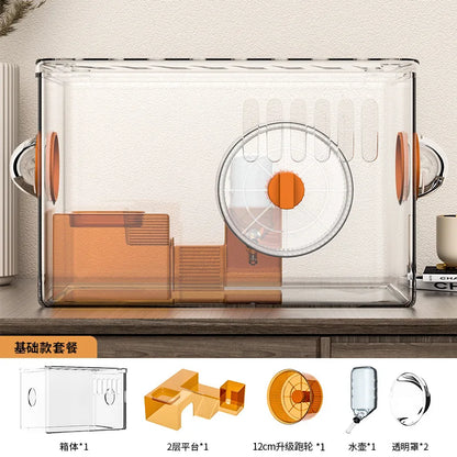 Acrylic Hamster Cage Transparent Habitat with Silent Running Wheel Large Space Enclosure for Hamster Easy-Clean Animal Home