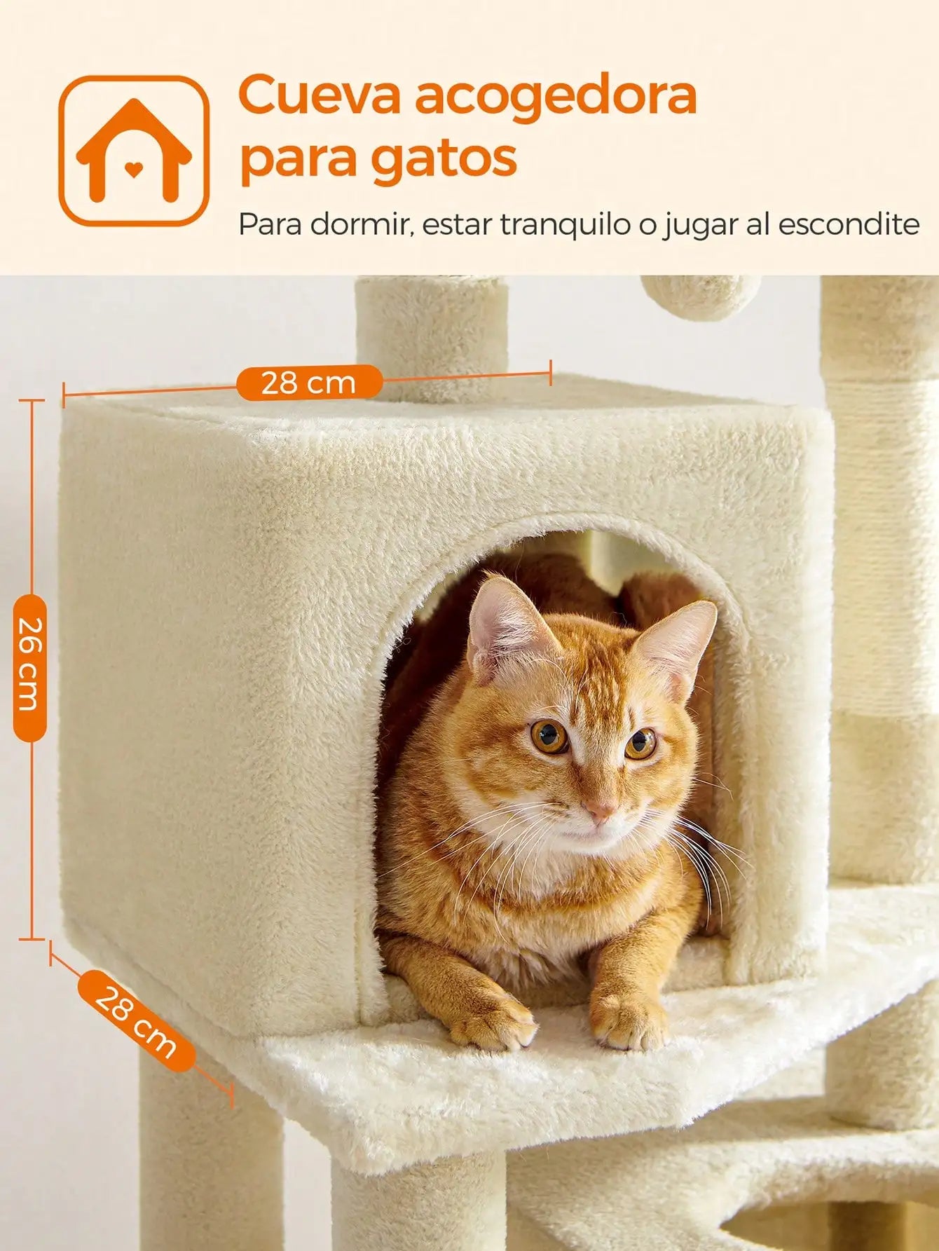 Feandrea 155cm Cat Tree: Indoor tower with 5 posts, 2 caves, hammock, 2 pompoms, Beige.