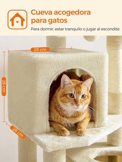 Feandrea 155cm Cat Tree: Indoor tower with 5 posts, 2 caves, hammock, 2 pompoms, Beige.