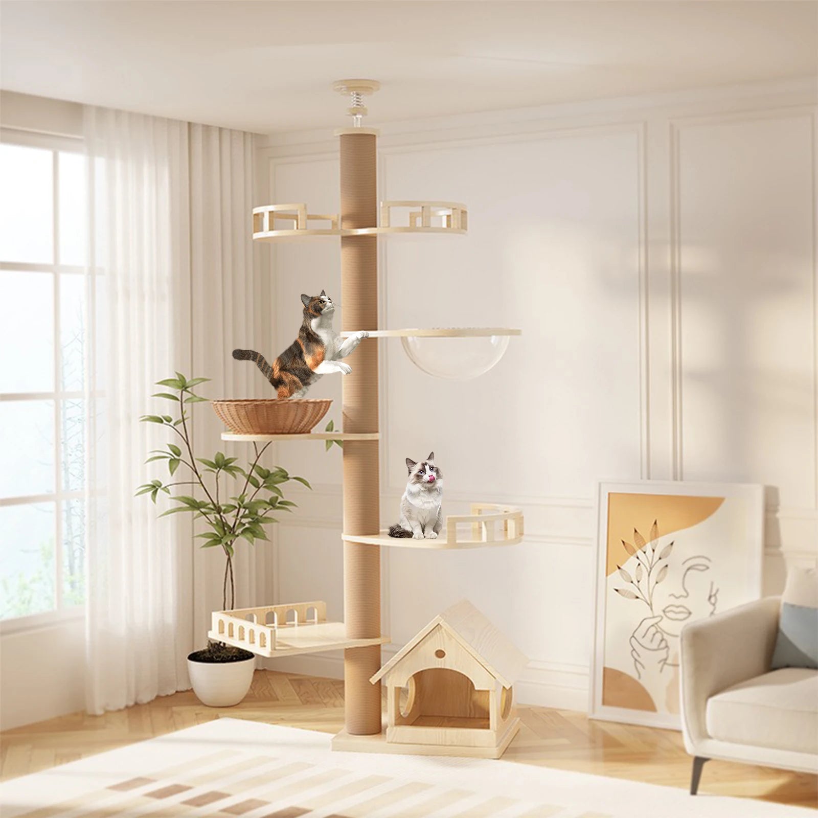 YXT Cat Tree with Cat Nest & Perch – Multi-Cat Shared, All-in-One Floor-to-Ceiling Cat Scratching Po
