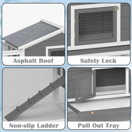 2-Story Large Wooden Rabbit Hutch Pet House with Ramps, Lockable Doors, Run Area and Asphalt Roof for Outdoor Use