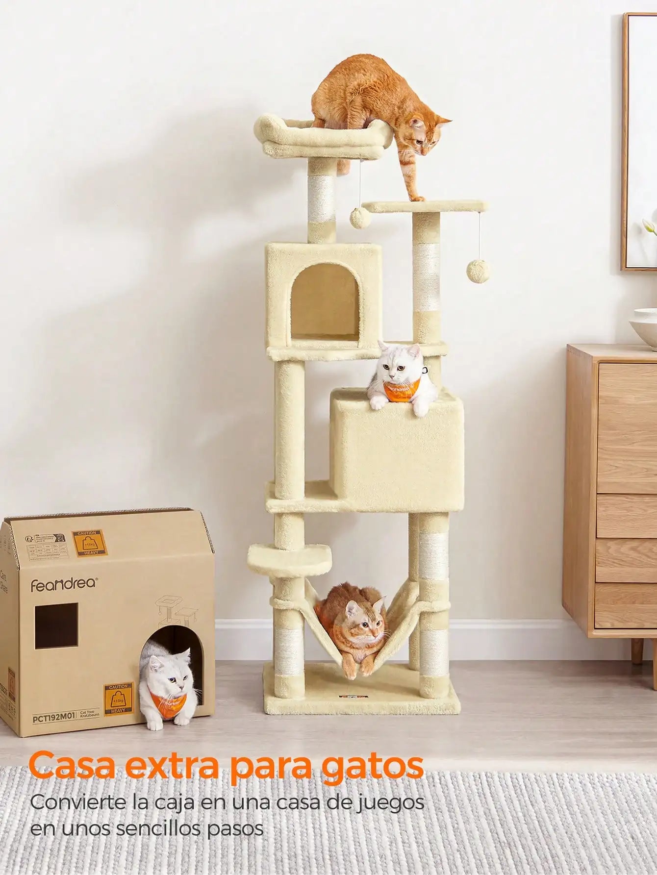 Feandrea 155cm Cat Tree: Indoor tower with 5 posts, 2 caves, hammock, 2 pompoms, Beige.
