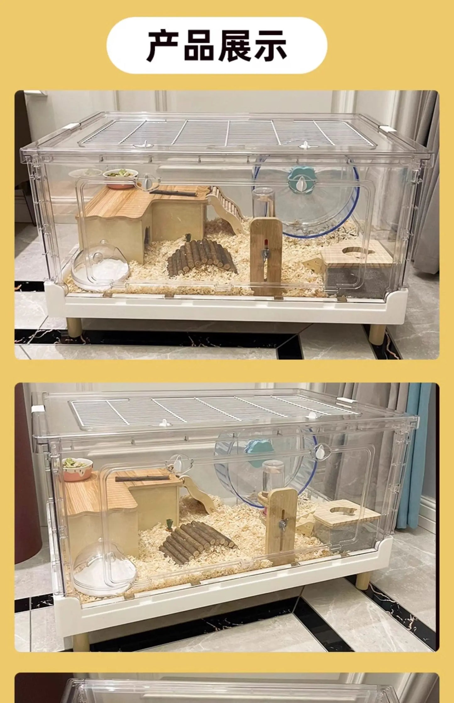 ‌Hamster Cage - Extra Large Acrylic Habitat for Syrian Hamsters, Foldable Transparent Cage with 3 Levels, Spacious Pet Home