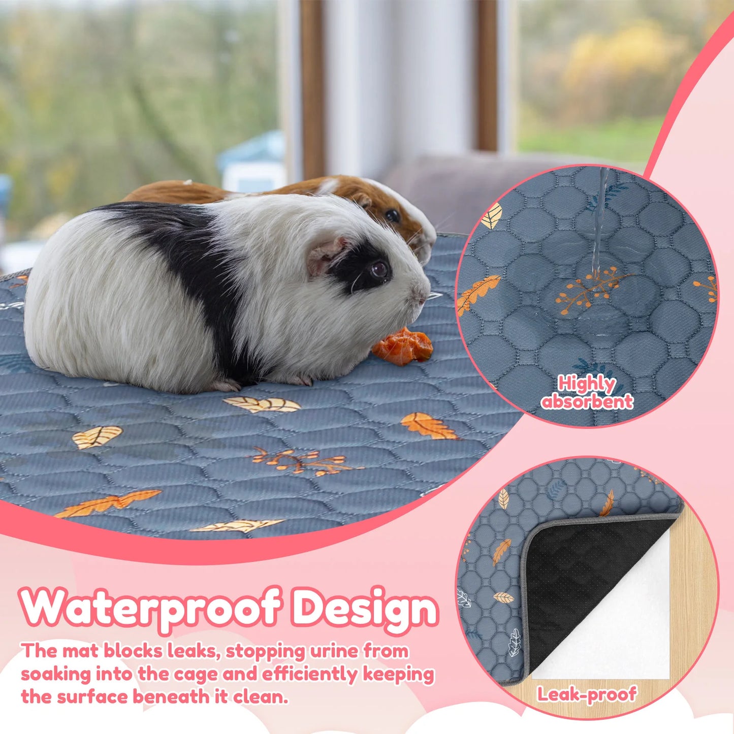 2Pcs Guinea Pig Cage Liner Washable Rabbit Absorbent Mat Reusable Hamster Pee Pad Anti-Slip for Pet Guinea Pig Rabbit Hedgehog