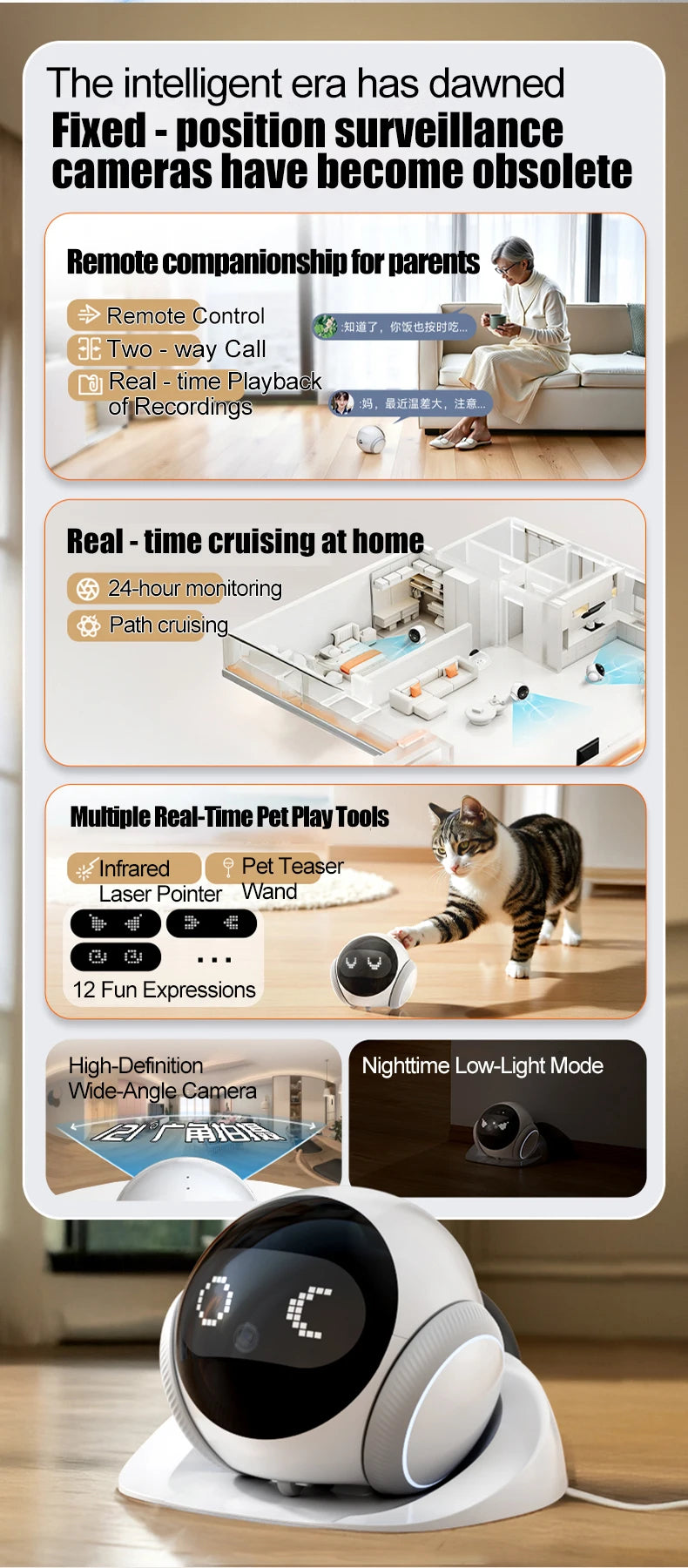 Famue Smart Robot Camera 5G WiFi HD 2K Camera Pet Tracking Laser Indicator TUYA Pet Camera Auto Charging Auto Obstacle Avoidance
