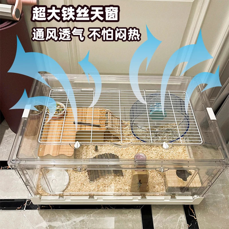 ‌Hamster Cage - Extra Large Acrylic Habitat for Syrian Hamsters, Foldable Transparent Cage with 3 Levels, Spacious Pet Home
