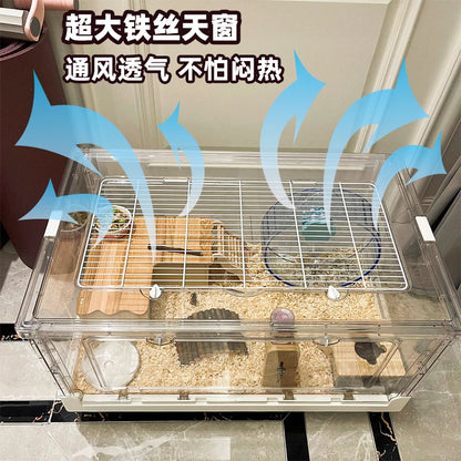 ‌Hamster Cage - Extra Large Acrylic Habitat for Syrian Hamsters, Foldable Transparent Cage with 3 Levels, Spacious Pet Home