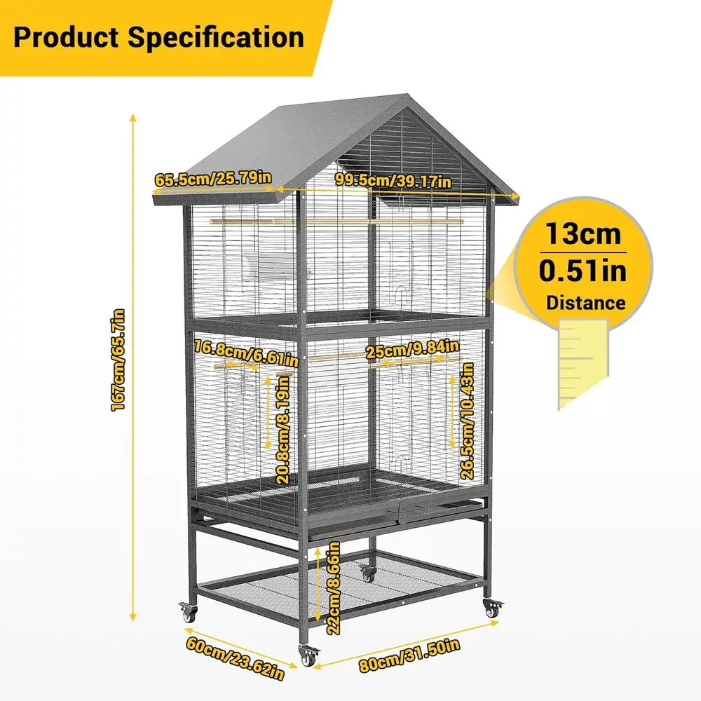 Large Wrought Steel Bird Cage with Pull-Out Tray, Lock, Feeding Bowl, Stand, and 360° Swivel Casters for Various Bird Species