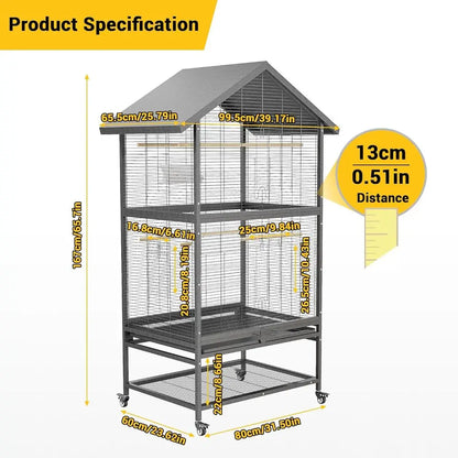 Large Wrought Steel Bird Cage with Pull-Out Tray, Lock, Feeding Bowl, Stand, and 360° Swivel Casters for Various Bird Species