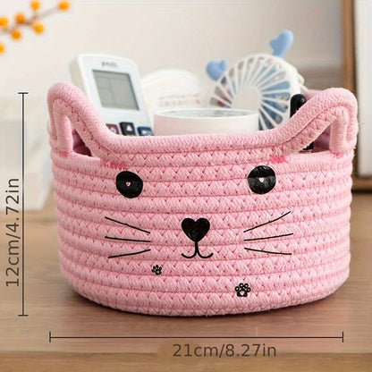 Cat Basket Storage Woven Basket Organizer with Ears Decorative Pet Toy Cute Basket Cotton Rope Basket for Gift Cat Dog Toy Bin