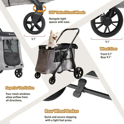 Multi-Pet Medium Dog Stroller, 4-Wheel, Holds 4 Dogs up to 40lbs, Folding, Smooth Tires, Sunshade & Storage (Gray)