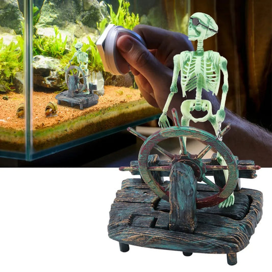 Air-Driven Aquarium Pirate Captain Decoration Undersea Design Landscape Style Skeleton Ornament Pirate Theme Aquatic Ornament