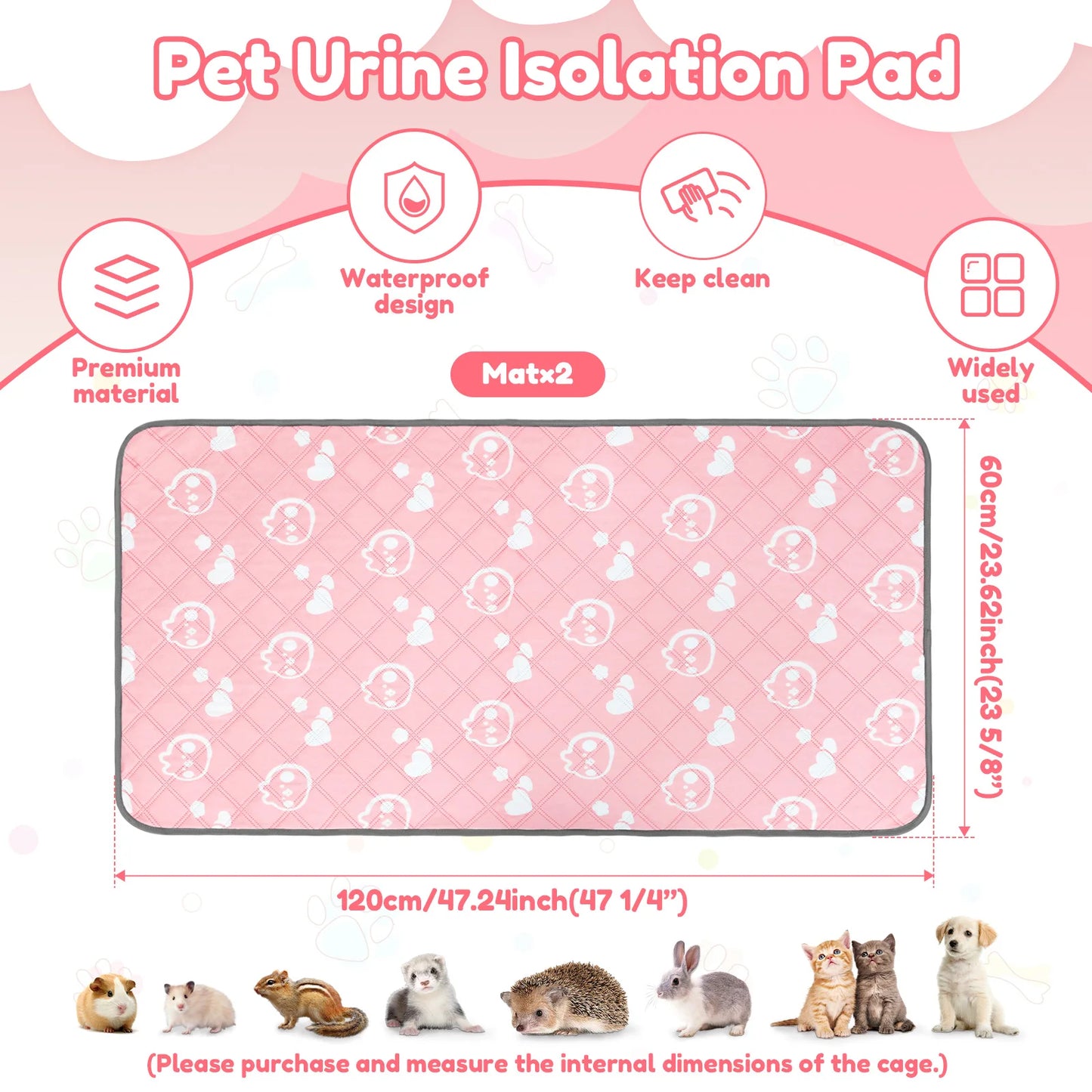 2Pcs Guinea Pig Cage Liner Washable Rabbit Absorbent Mat Reusable Hamster Pee Pad Anti-Slip for Pet Guinea Pig Rabbit Hedgehog