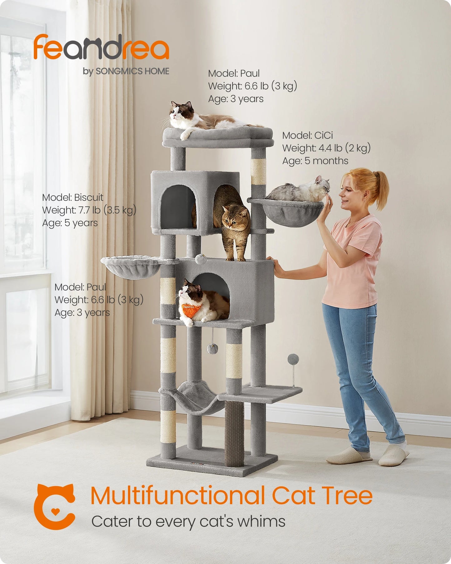Feandrea Large Cat Tree, 175 cm Tall Cat Tower, Multi-Level Cat Condo with 2 Caves, 2 Baskets, 5 Scratching Posts