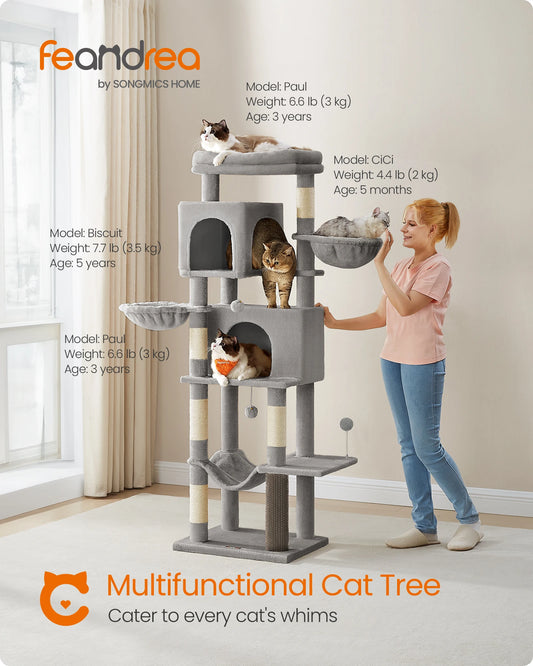 Feandrea Large Cat Tree, 175 cm Tall Cat Tower, Multi-Level Cat Condo with 2 Caves, 2 Baskets, 5 Scratching Posts