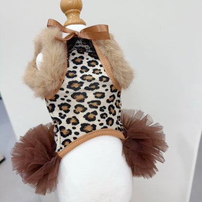 Retro Coffee Leopard Puppy Costumes Autumn Winter Plush Lace Bow Sling Dresses for Small Medium Dog Fashion Casual Pet Clothes
