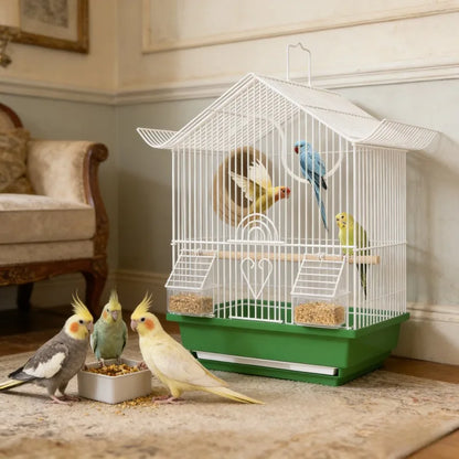 Compact Bird Cage for Small Parrot Budgie Lovebird White-eye Zebra Finch Home Use Portable Travel Carrier with Perch Feeder Cup