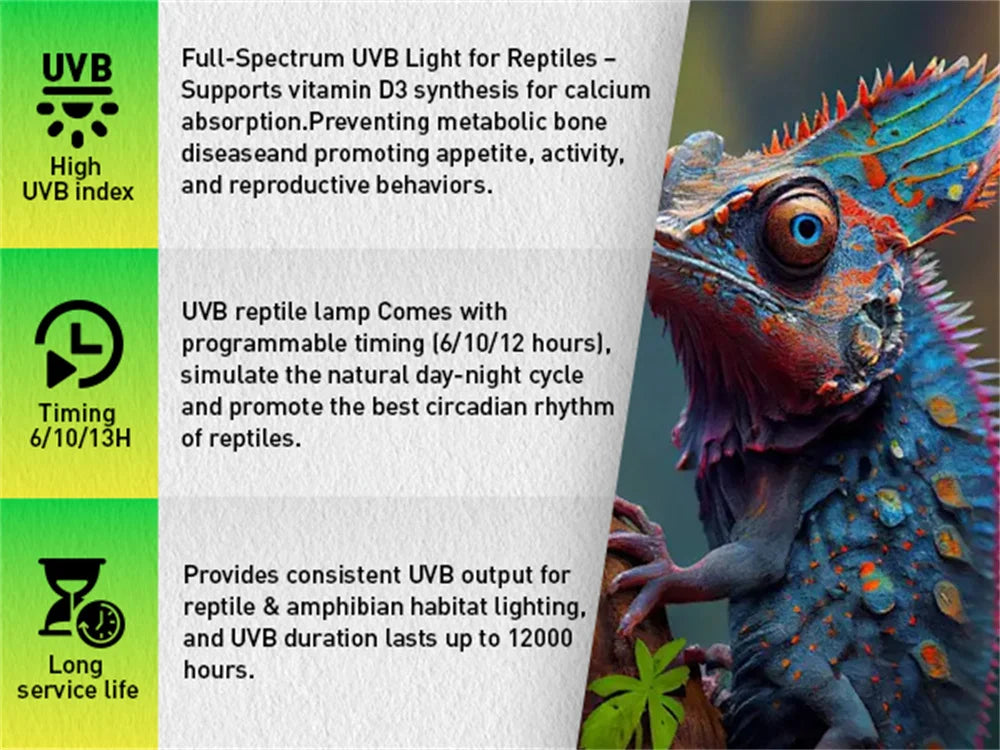 AC100-240V Dimmable LED Reptile UVB light 10W 6H/10H/12H  Timer Snake Turtle Pet Full Spectrum Basking UV Light Heating Lamp 20W