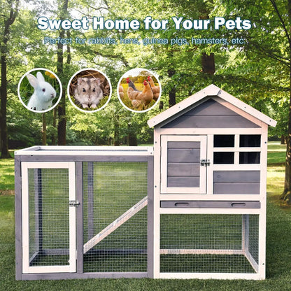 Rabbit Hutch, Indoor Outdoor Bunny Cage with Run, Wooden Rabbit Cage with Waterproof Roof & Pull Out Tray, Chicken Coop Pet