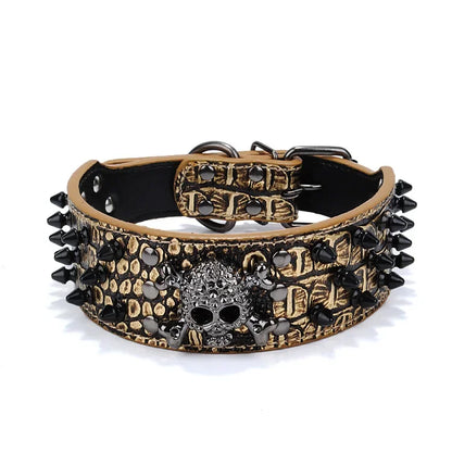 Skull Spiked Studded Leather Dog Collar For Medium Large Dogs Bulldog Adjustable Anti-Bite Neck Strap Collars Leash Accessories