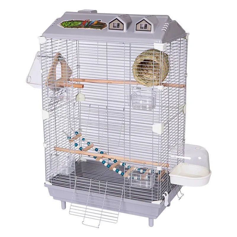 Birdcage for Budgerigars - Large Villa-Style British-Inspired Metal Display Cage with Horizontal Wire Base for Parakeets