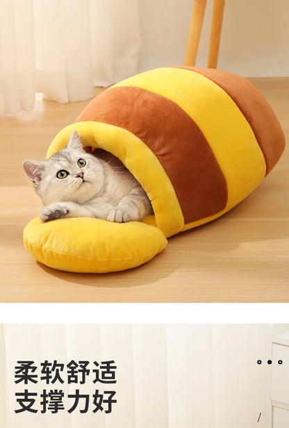 Cat Bed Warm Comfortable Kennel Nest Pet Cat Bed Soft Removable Cushion Nonslip Bottom Cartoon Washable House Honey Pot Cave