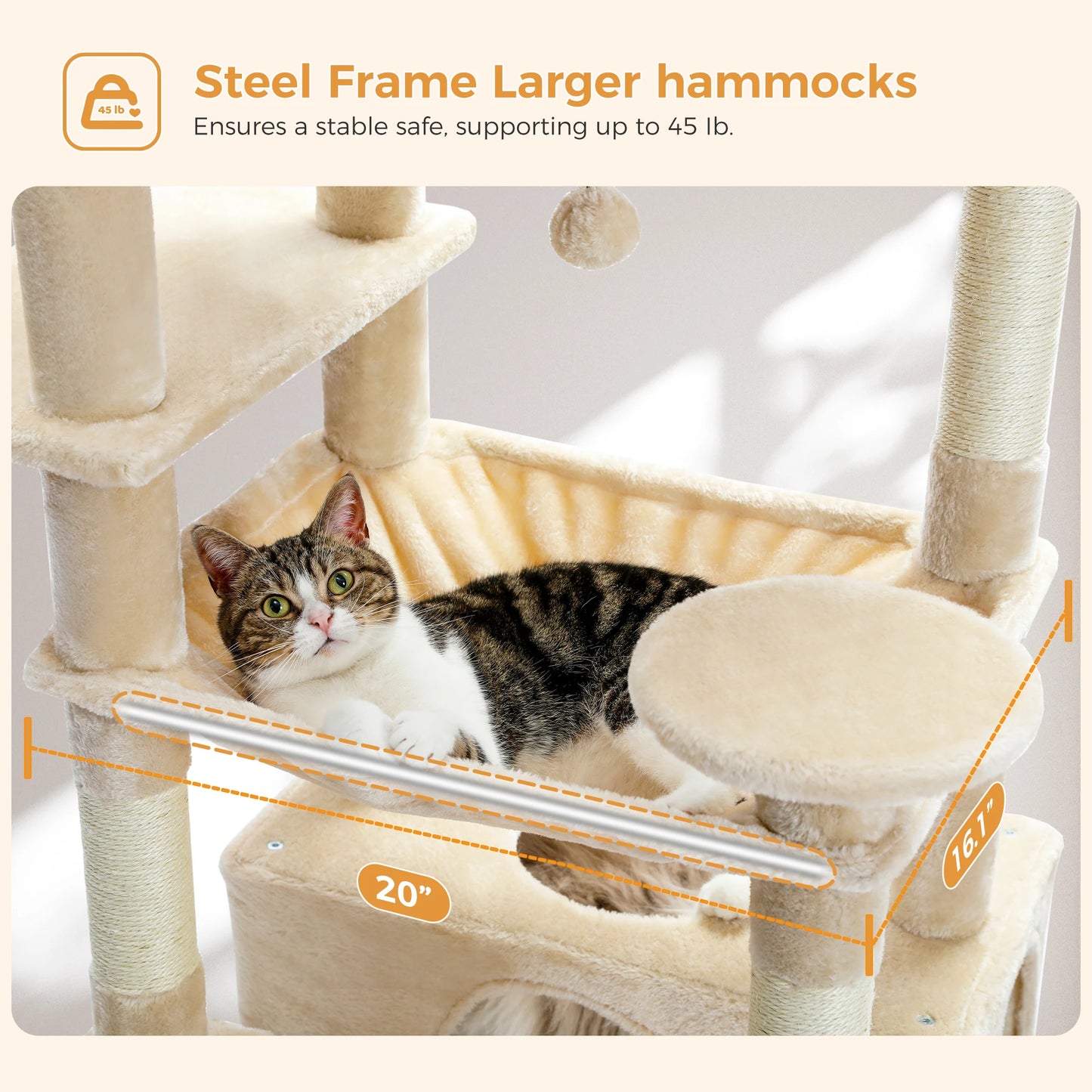Multi-Level Cat Tree Tower with Scratching Posts&Board, Hammock, Cat Condo, Spacious Top Perch,Dangling Balls for Indoor Cats