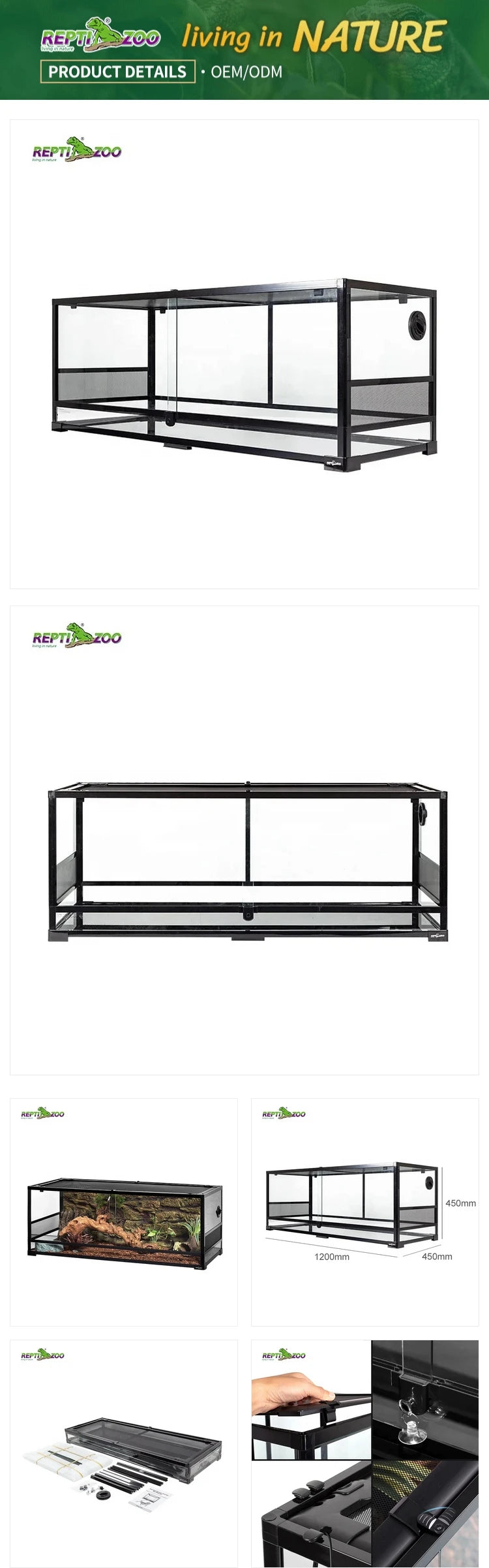 REPTIZOO RK0222 64 Gal Reptile Terrarium Glass Snake Tank Chameleon Cage Bearded Dragon Tank 242L Reptile Enclosure