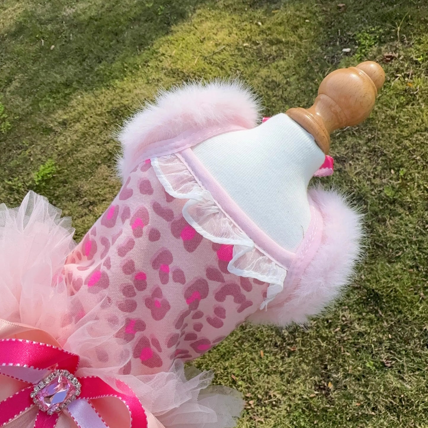Retro Coffee Leopard Puppy Costumes Autumn Winter Plush Lace Bow Sling Dresses for Small Medium Dog Fashion Casual Pet Clothes